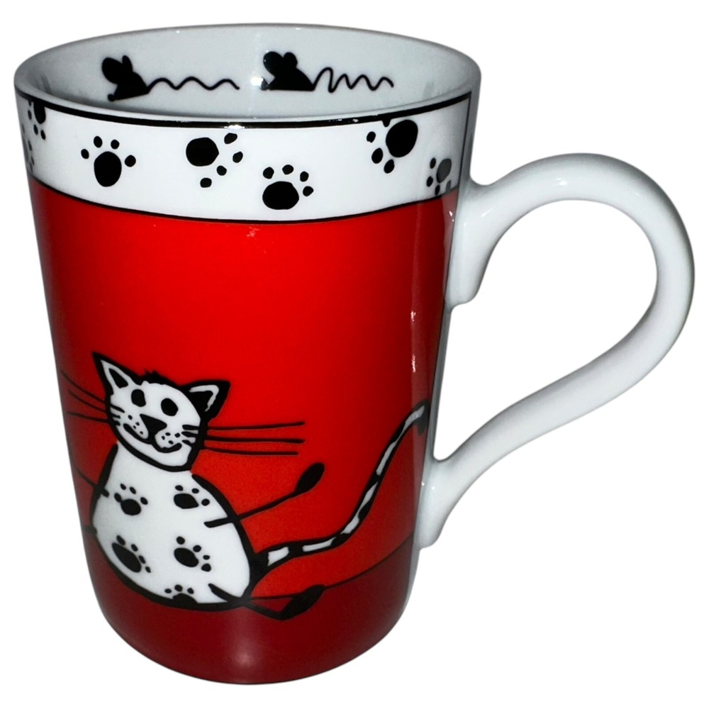 Pier 1 Imports Porcelain Cat & Mouse Red Coffee Mug Tea‎ Cup 10oz